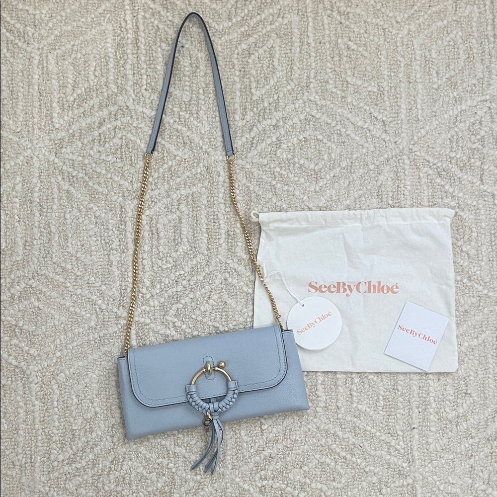 NEW See By Chloe Light Blue Gray Clutch with Gold Chain